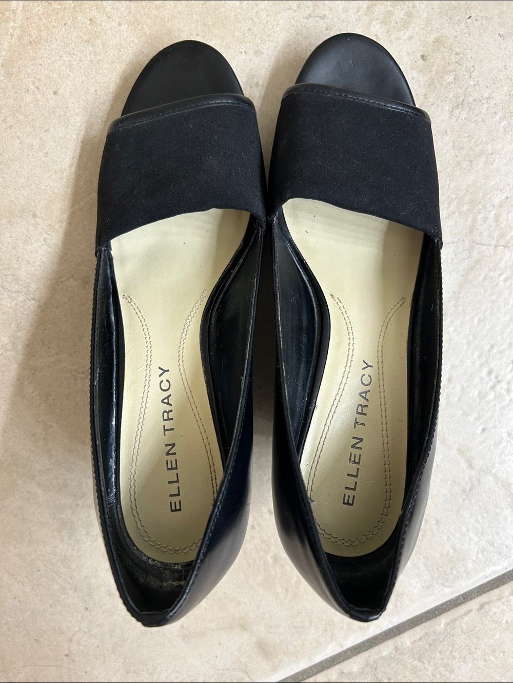 Ellen Tracy Black Leather Slide Wedge Open Toe Heels Rhyme Sz 6.5